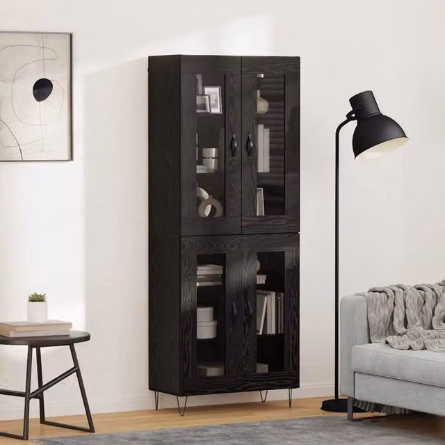 Credenza moderna vidaXL in nero con dettagli in vetro e metallo L: 69,5 cm, P: 34 cm, H: 90 cm – 1