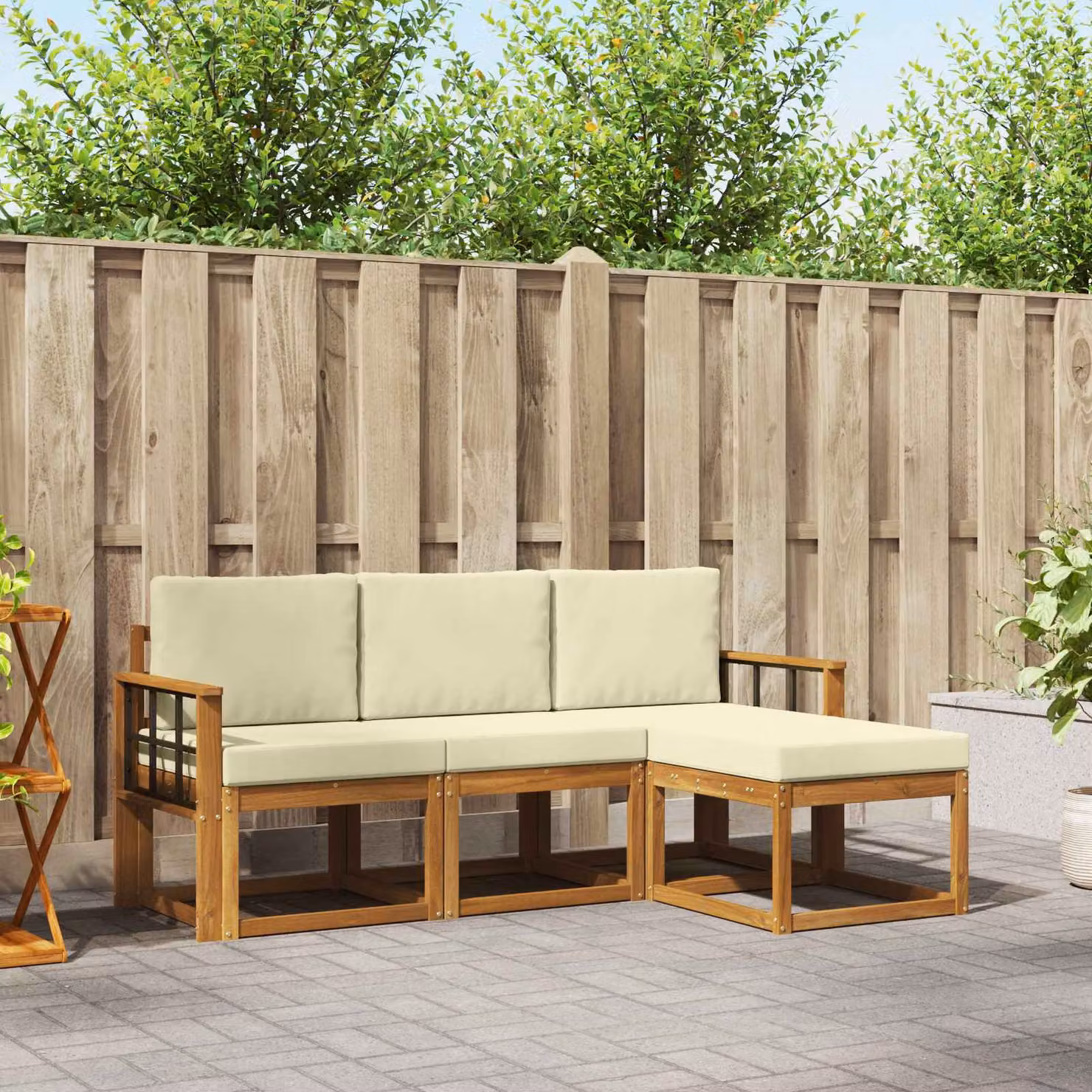 Set di divani da esterno vidaXL a forma di L in legno di acacia con cuscini, beige e marrone