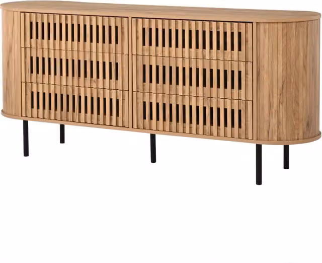 Sideboard in legno naturale 160x40x70 cm con 6 cassetti e gambe in metallo robuste, design a lamelle traforate per soggiorno e ingresso