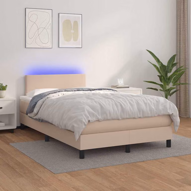 Letto con giroletto a molle, materasso ibrido e illuminazione LED vidaXL, colore cappuccino, L/P/H: 120 x 200 x 203 cm