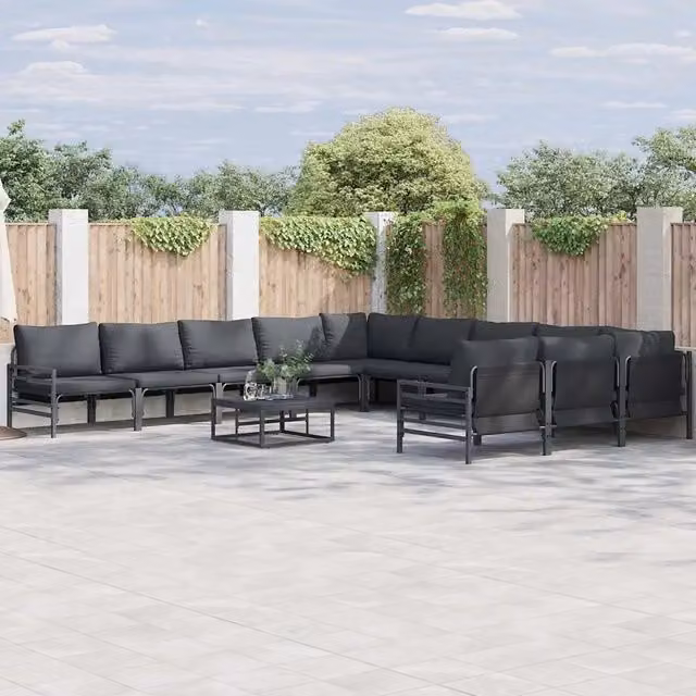 Set Divano da Giardino a Forma di U vidaXL con Cuscini Antracite e Nero in Acciaio Verniciato a Polvere