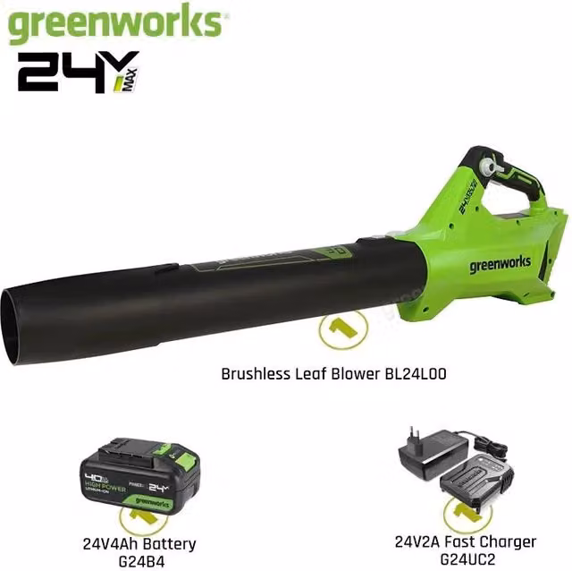 Soffiatore foglie a batteria senza fili Greenworks BL24L00 con motore senza spazzole e velocità 110 MPH, colore verde
