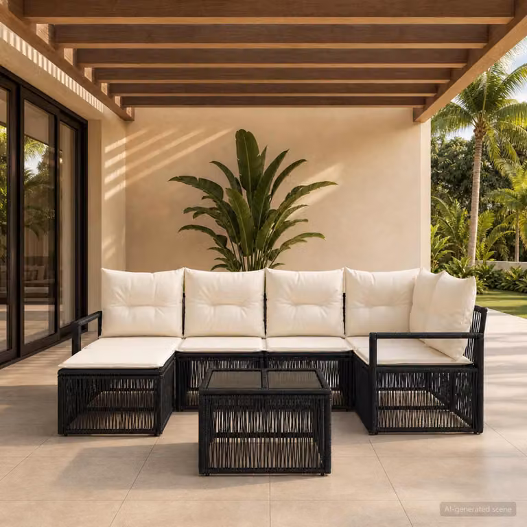 Set Divano da Giardino vidaXL 7 pz a Forma a L con Poltrona, Tavolino e Cuscini, Colore Nero e Bianco, Struttura in Metallo e Polyrattan