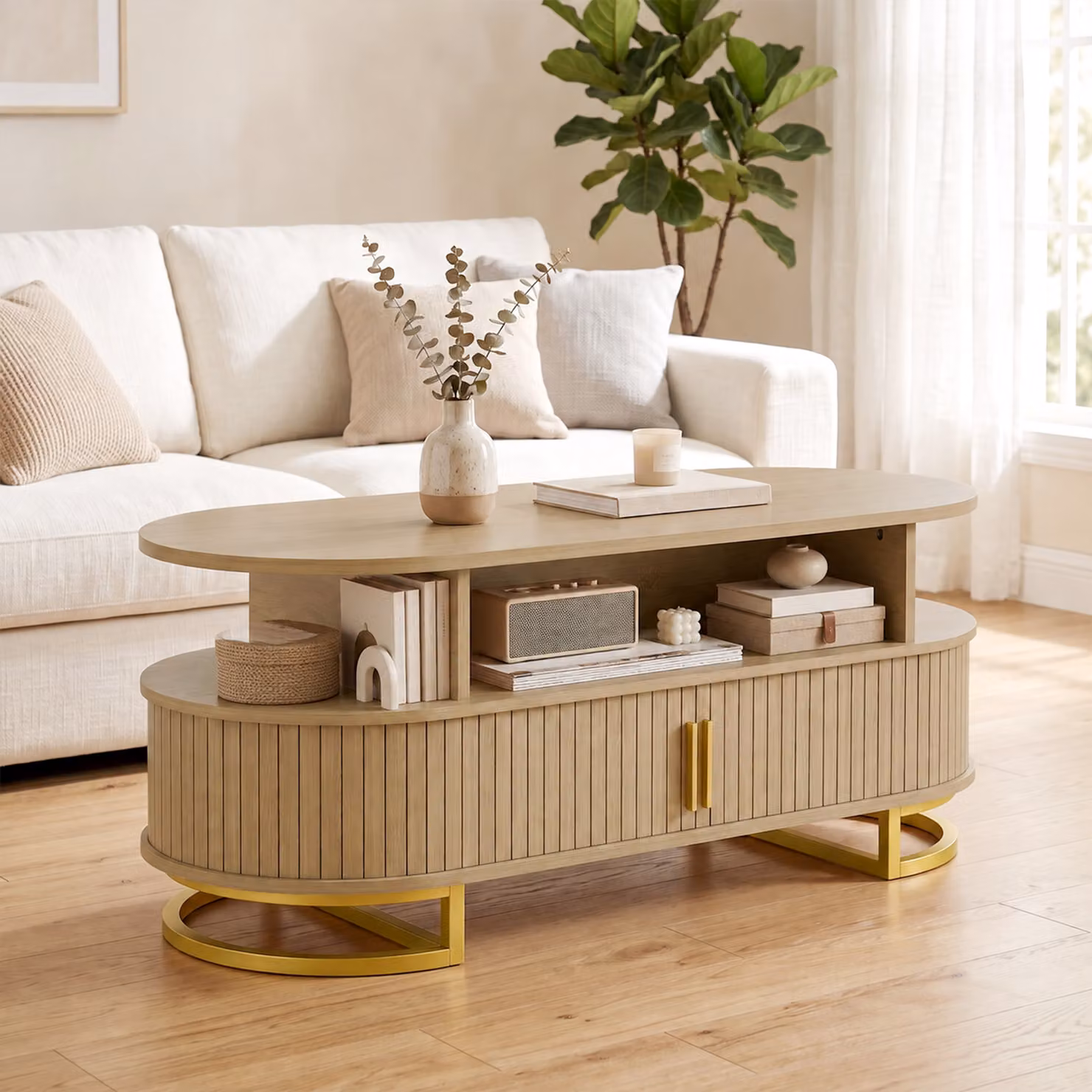 Tavolino da salotto ovale HOMCOM con ante scorrevoli e contenitore in legno color rovere e beige – 2