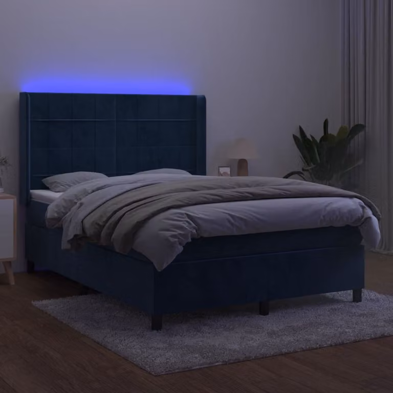 The Living Store Letto a molle con materasso e LED in velluto blu scuro 140x200 cm