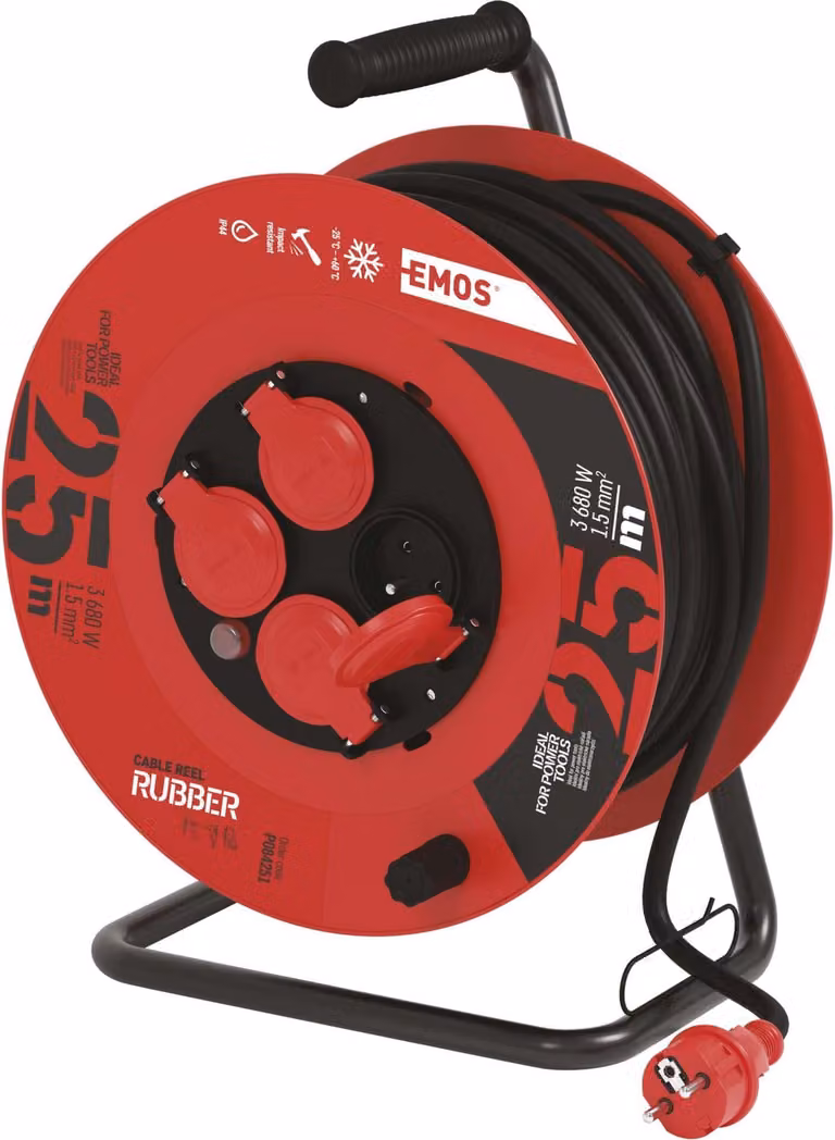 EMOS Cavo di prolunga nero per esterni in bobina 25m, 4 prese, gomma, 230V, 1,5mm2 P084251