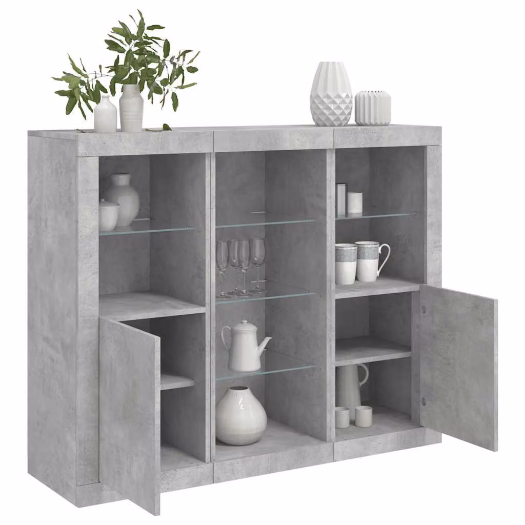 Set di 3 credenze moderne vidaXL con luci LED integrate in legno multistrato, colore grigio cemento