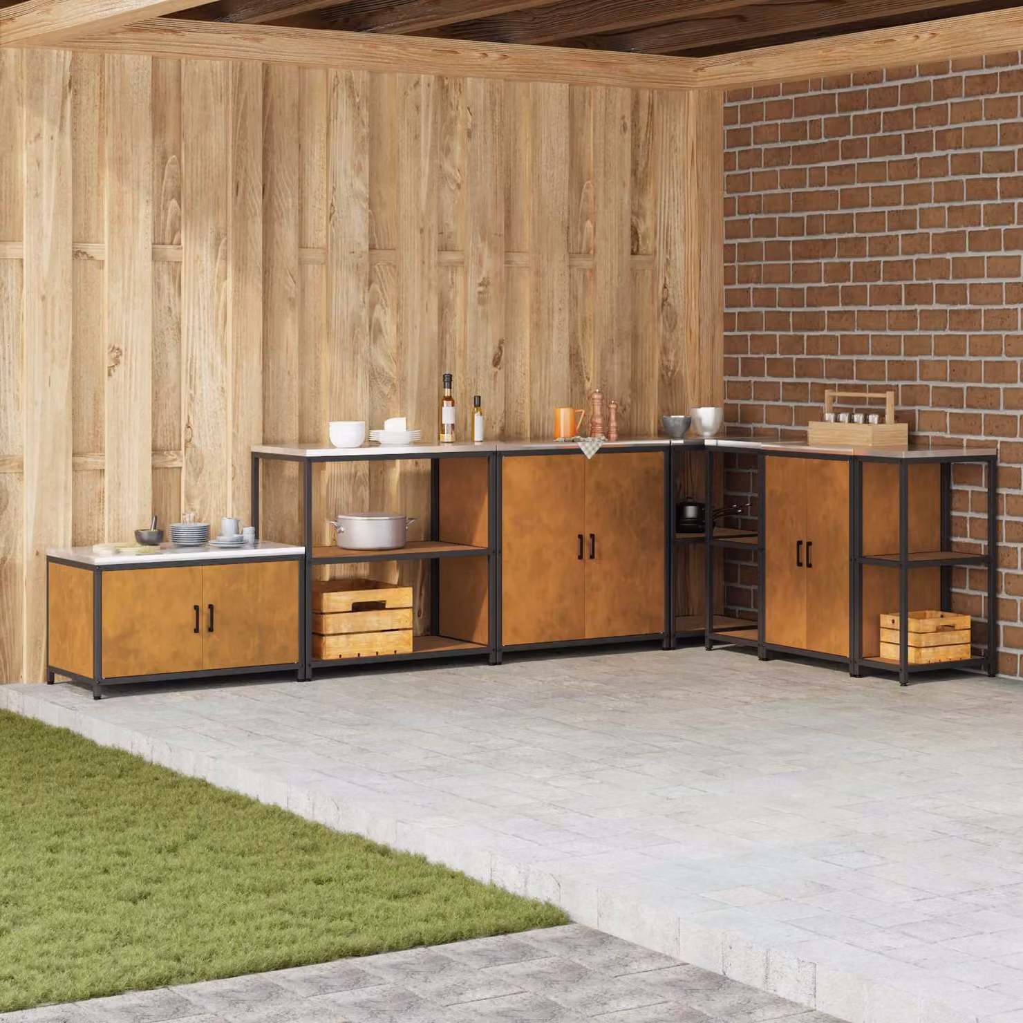 Unità di scaffali per cucina e giardino vidaXL HATTEM in metallo marrone ruggine, L: 90 cm, P: 50 cm, H: 92 cm