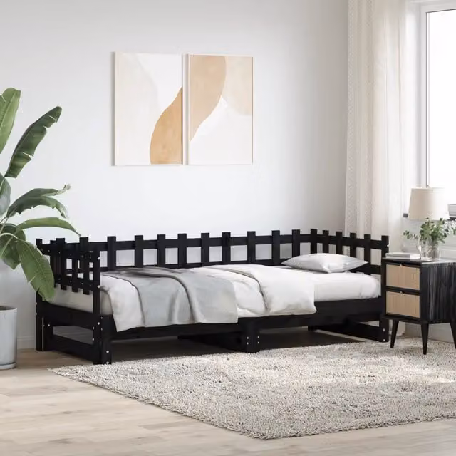 Dormeuse estraibile vidaXL in legno massello di pino color nero L/P/H: 200 x 80 x 40 cm per due posti – 1