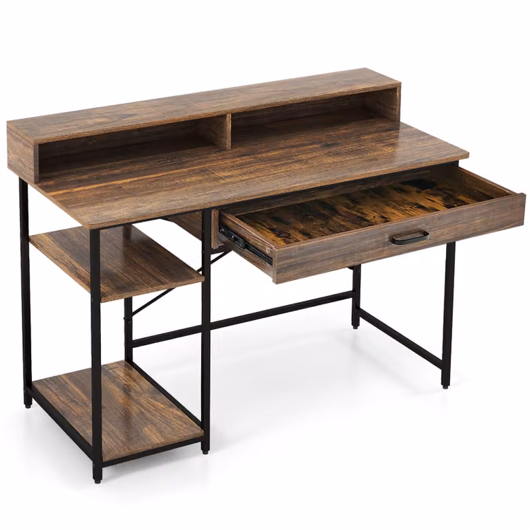 COSTWAY Desk scrivania per computer con cassetto, supporto per monitor e 2 ripiani aperti, scrivania per PC, scrivania per ufficio 120x56x90,5 cm, marrone rustico
