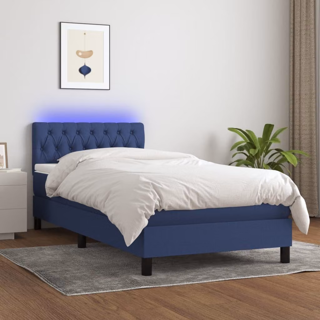 The Living Store Letto a molle con materasso e LED Blu 90x190 cm in tessuto