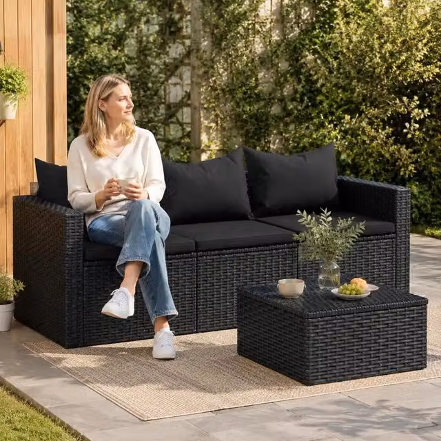 3-seater Garden Sofa With Cushions Black Poly Rattan