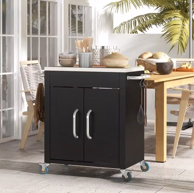 Carrello da cucina nero con piano in acciaio inox