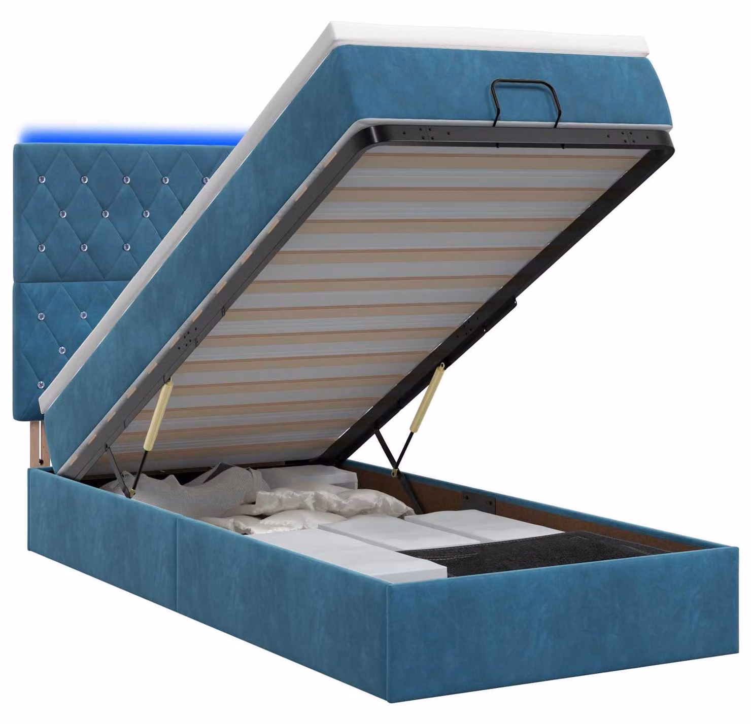 Panca contenitore con materasso e luci LED, colore blu scuro, dimensioni 90 x 190 cm, rivestita in velluto