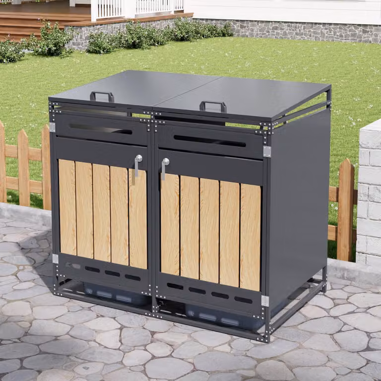 STILVORA: box per bidoni della spazzatura con coperchio idraulico e serratura, armadietto da giardino con rivestimento verticale effetto legno e sistema di ventilazione, armadietto in ferro per il giardino