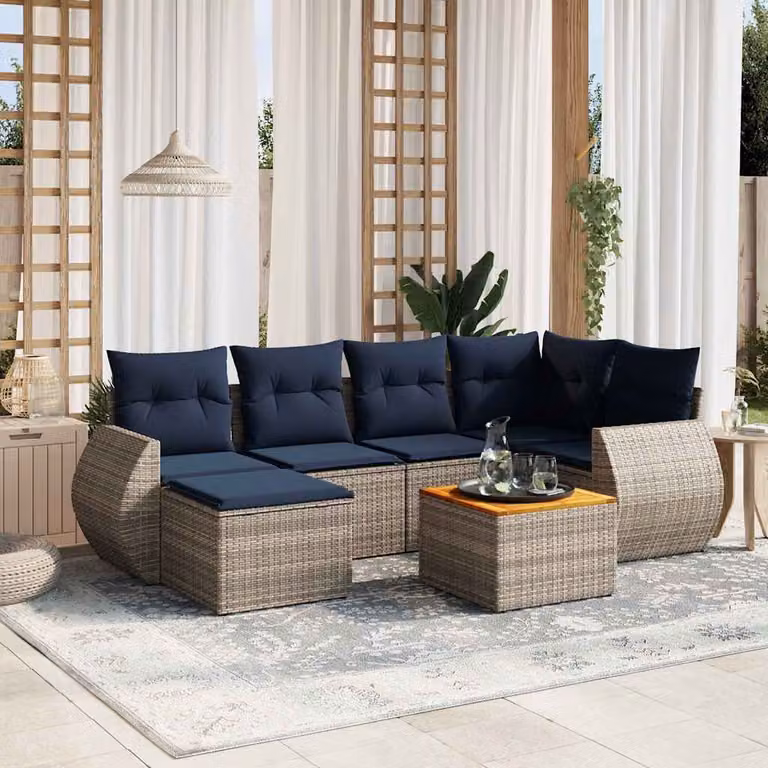 Set da giardino vidaXL in polyrattan grigio con cuscini e tavolino da esterno a forma di L per 7 persone