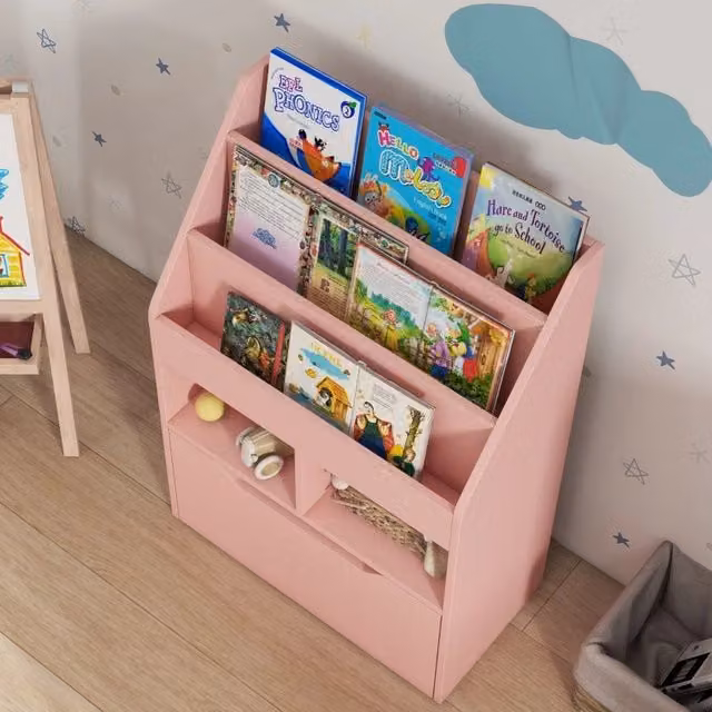 Libreria per bambini WISHDOR rosa con cassetto e vani portaoggetti, L: 30 cm, P: 29,9 cm, H: 90 cm – 1