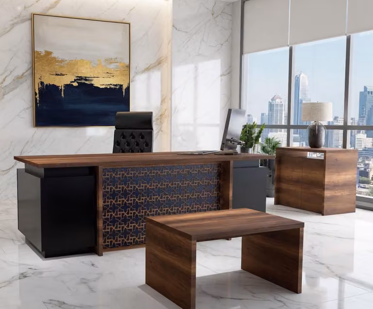 Set da studio: scrivania, tavolino da salotto e credenza in legno marrone