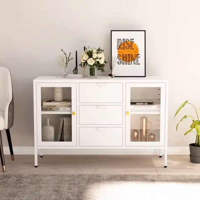 Credenza-Buffet-Armadio da cucina Bianca 105x35x70 cm in Acciaio e Vetro Temperato