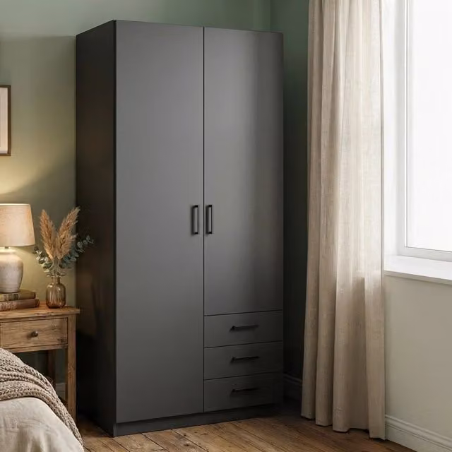 Armadio moderno DMORA con ante a battente e cassetti, colore grigio opaco, L: 99 cm, P: 50 cm, H: 200 cm
