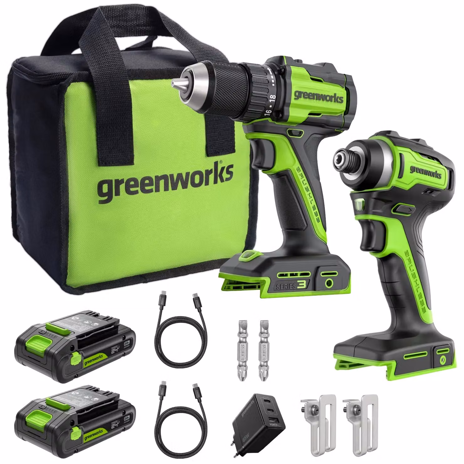 Kit Trapano e Avvitatore a Percussione Greenworks POWERALL 24V Verde con 2 Batterie ricaricabili da 2Ah