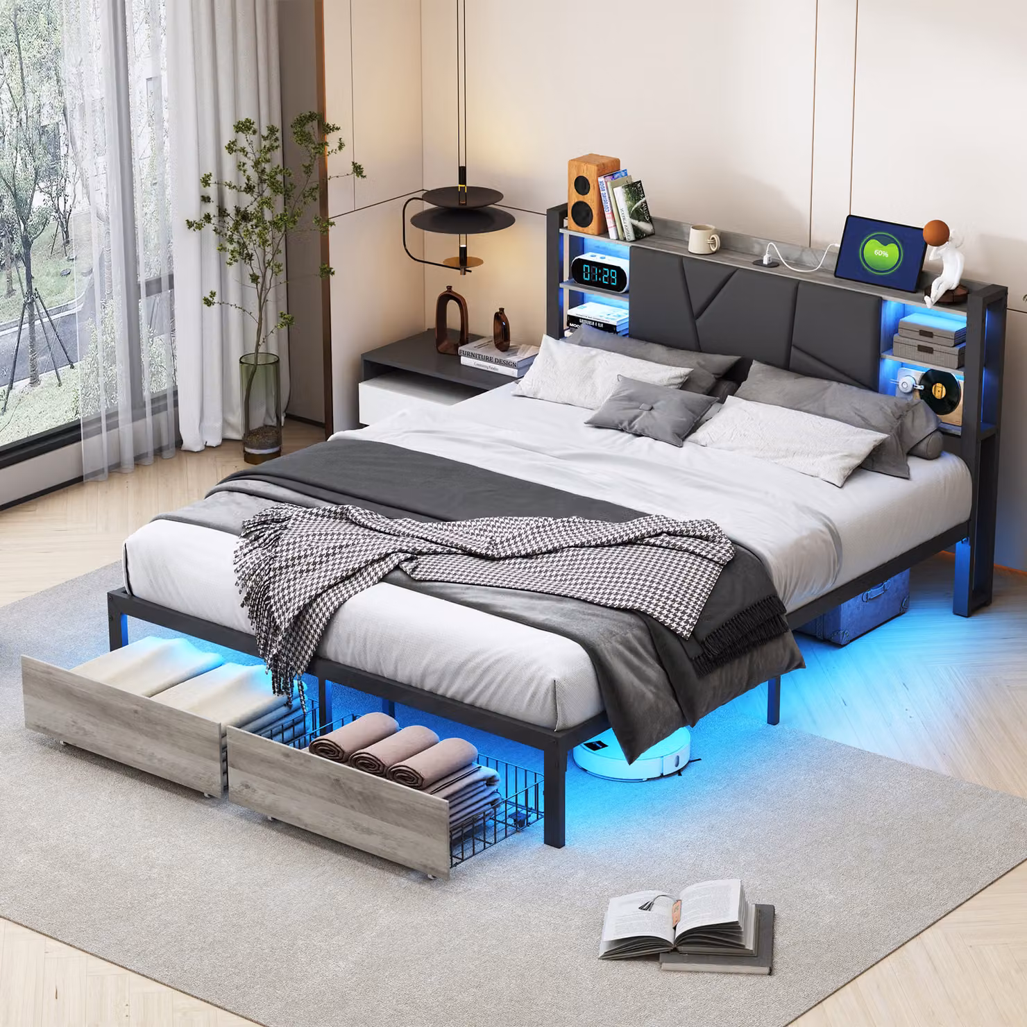CDGlobal letto imbottito 140x200cm con USB e prese, letto per ragazzi letto matrimoniale con 2 cassetti, letto contenitore letto in legno massiccio con LED e rete a doghe, PU, grigio