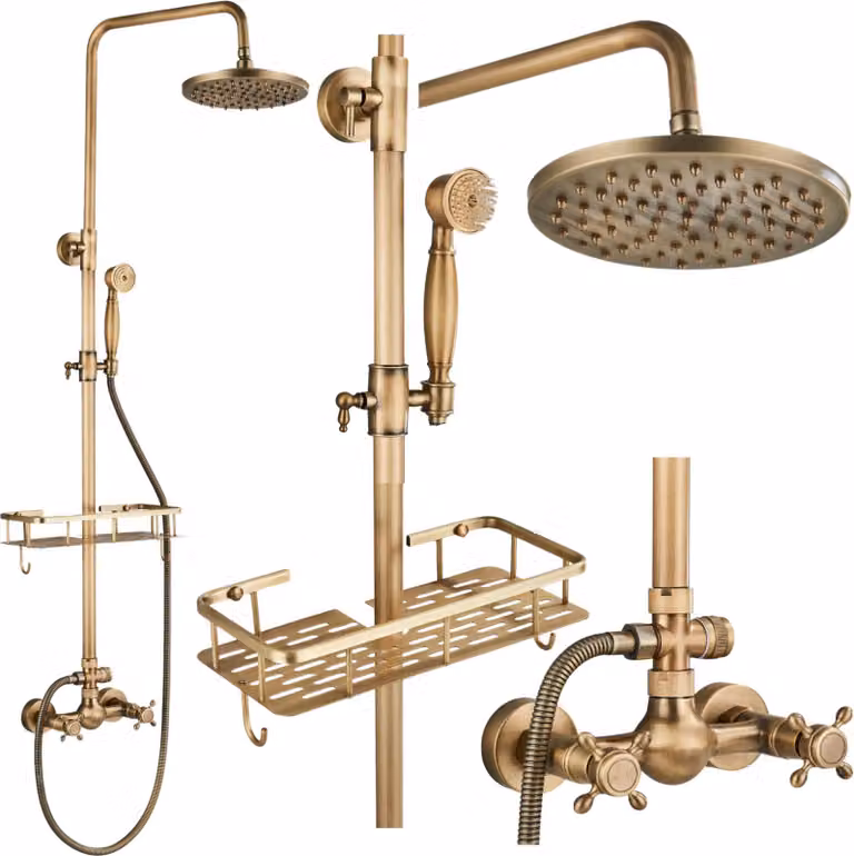 Miscelatore doccia retro in ottone, set con soffione a pioggia e doccetta, colonna telescopica, mensola, montaggio a parete