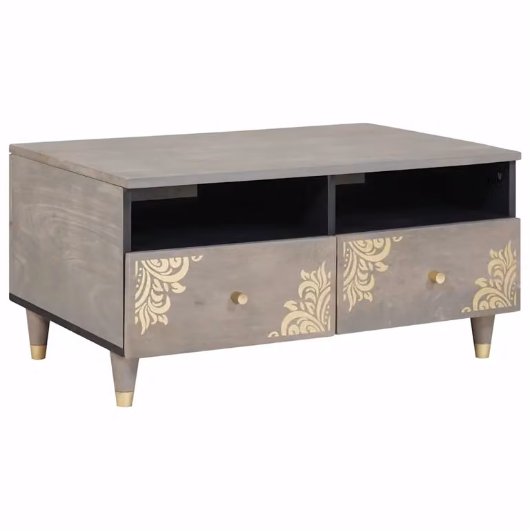 vidaXL Tavolino da salotto in legno di mango con cassetto stile mid-century Grigio e Marrone L: 80 cm, P: 54 cm, H: 40 cm