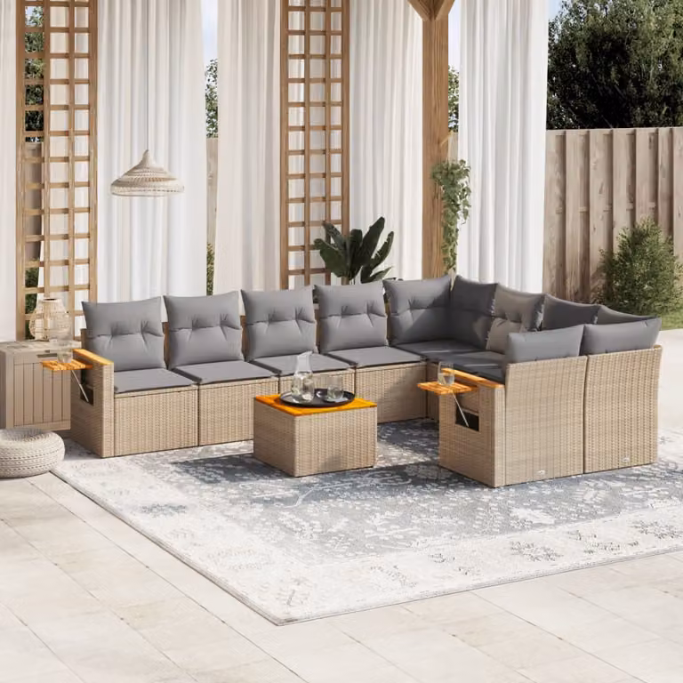vidaXL Set Divano da Giardino a L 10 pz in Polyrattan con Cuscini Beige e Grigio