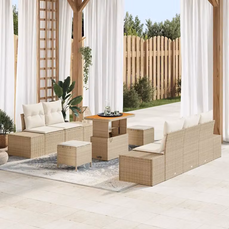 Set Divano da Giardino vidaXL 8 Pezzi Beige con Cuscini e Tavolino da Esterno in Polyrattan e Acciaio