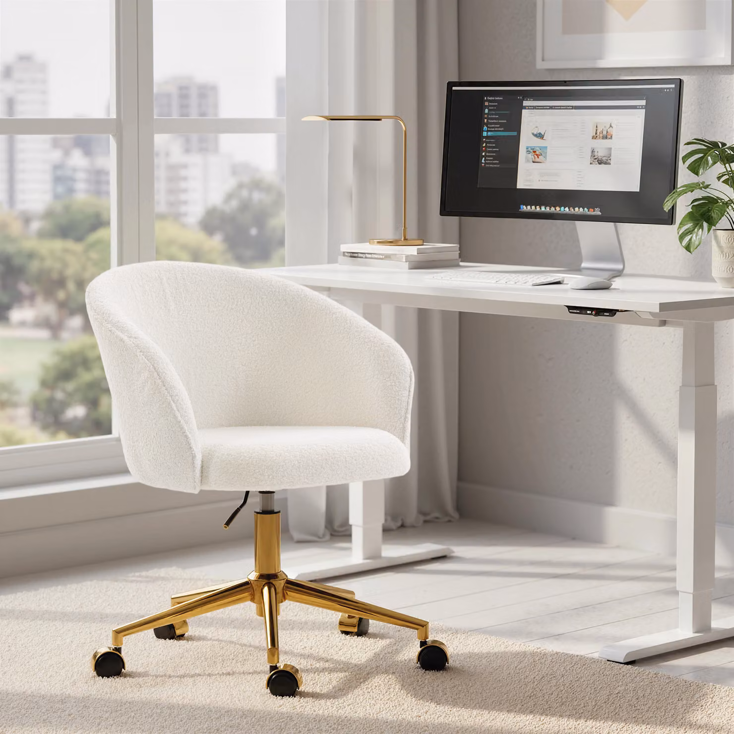 Sedia da ufficio ergonomica HOMCOM in tessuto bouclé beige con base in metallo oro e seduta girevole a 360 gradi per casa e ufficio – 2