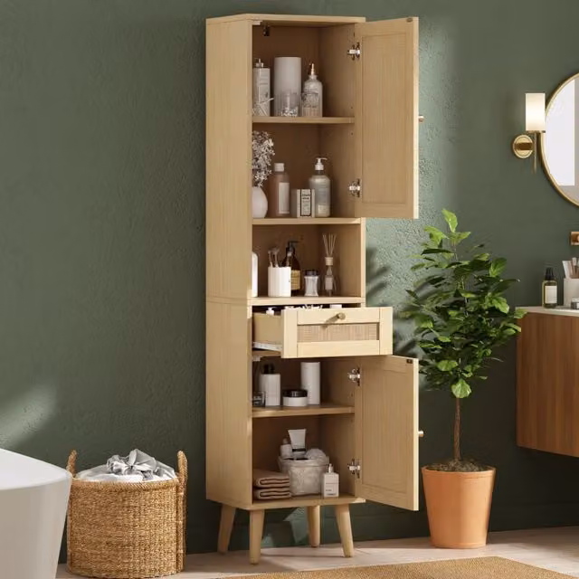Armadietto da bagno alto con ante reversibili in rattan cassetto e ripiano aperto in MDF naturale 40 × 30 × 166 cm