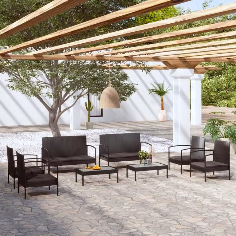 The Living Store Set salotto da giardino 8 pezzi con cuscini in poly rattan nero