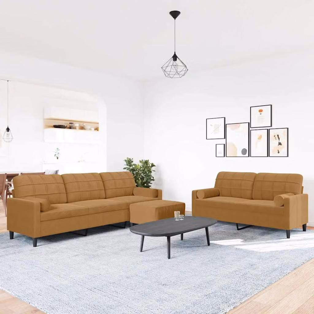 Set di divani vidaXL 3 pezzi in velluto marrone con pouf e cuscini, design moderno con struttura in metallo per il tuo soggiorno
