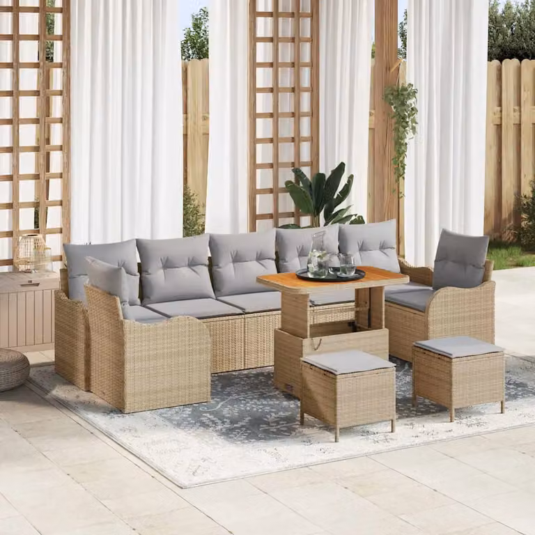 Set Divano da Giardino vidaXL 10 Pezzi in Polyrattan Beige con Legno di Acacia