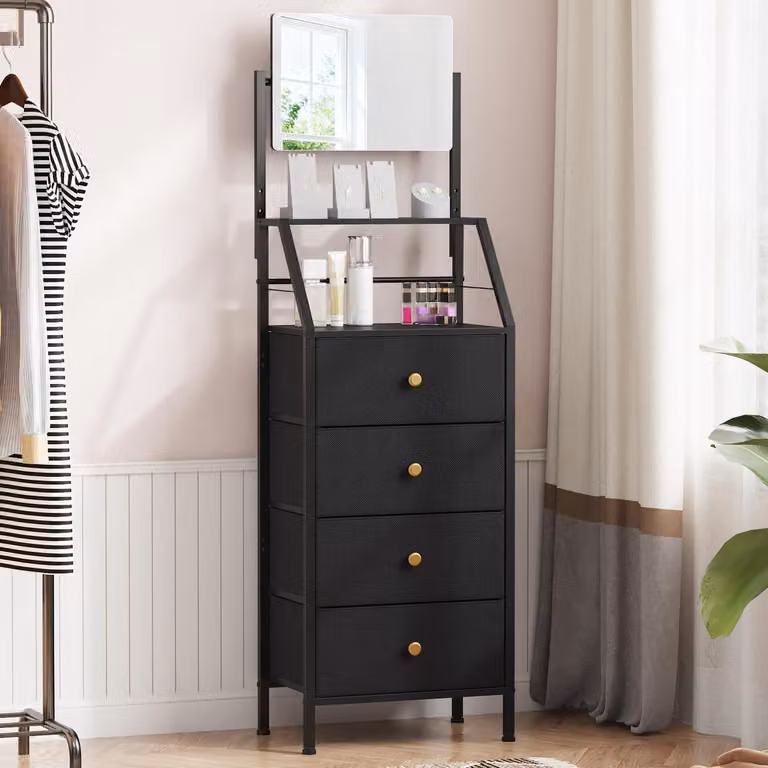 Comodino con specchio, 4 cassetti in tessuto, colore nero, 147 cm
