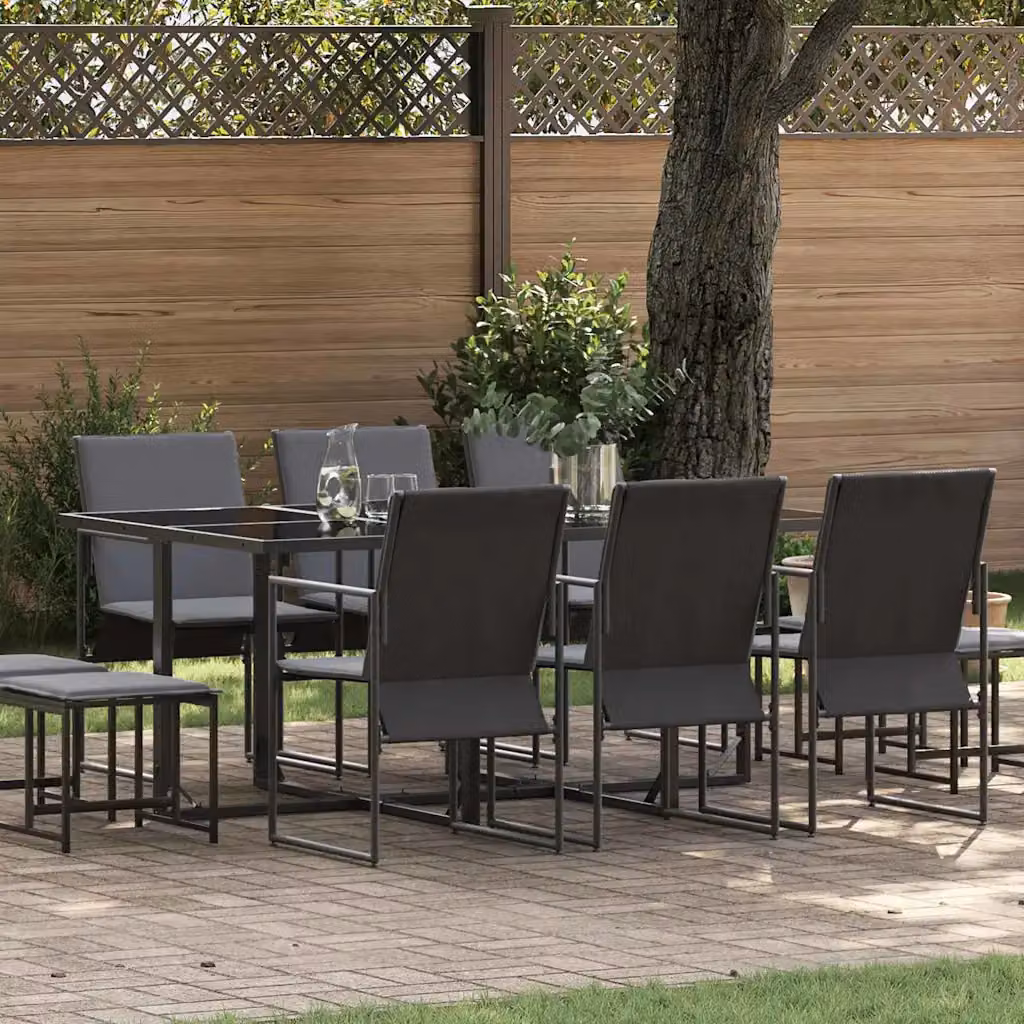 Set da pranzo moderno vidaXL per giardino e terrazzo in acciaio verniciato nero e vetro, 11 pezzi