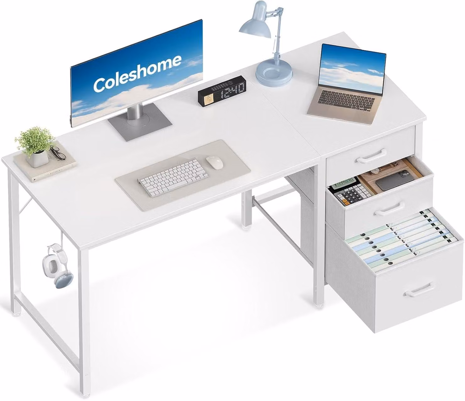Scrivania da ufficio con 3 cassetti rivestiti in tessuto, dimensioni 120x48 cm, colore bianco, con supporto per cuffie, ideale per piccoli spazi di lavoro
