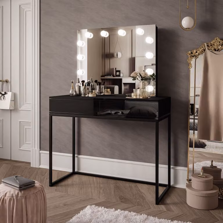 Tavolo da trucco BLANCO LOFT ELITE con specchio e illuminazione Nero / Nero lucido Sistema push-to-open