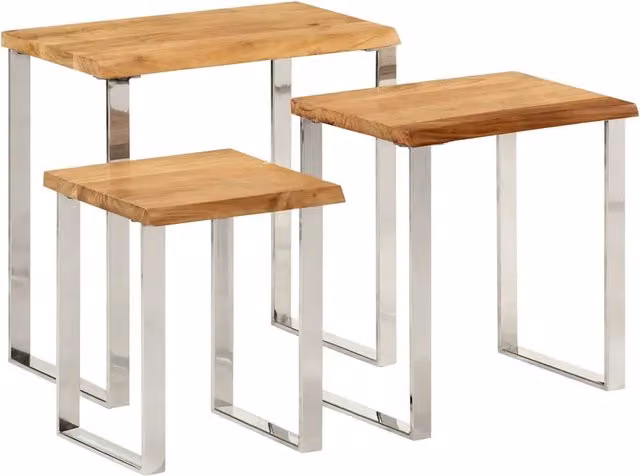 Set di 3 tavolini a incastro vidaXL in legno massello di acacia con bordi vivi e struttura in metallo, colore marrone, L/P/H: 58 x 37,2 x 33 cm, 58 x 33 x 25 cm, 33 x 25 x 2,5 cm