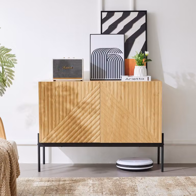 Credenza Sweiko con 2 ante e gambe in metallo, buffet, cassettiera dal design lineare, dimensioni: H 75 cm / L 100 cm / P 40 cm