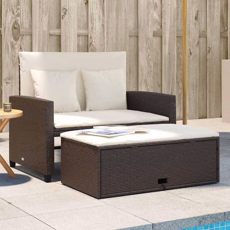 vidaXL Divano da Giardino a 2 Posti in Polyrattan Marrone e Bianco con Cuscini e Pouf coordinato