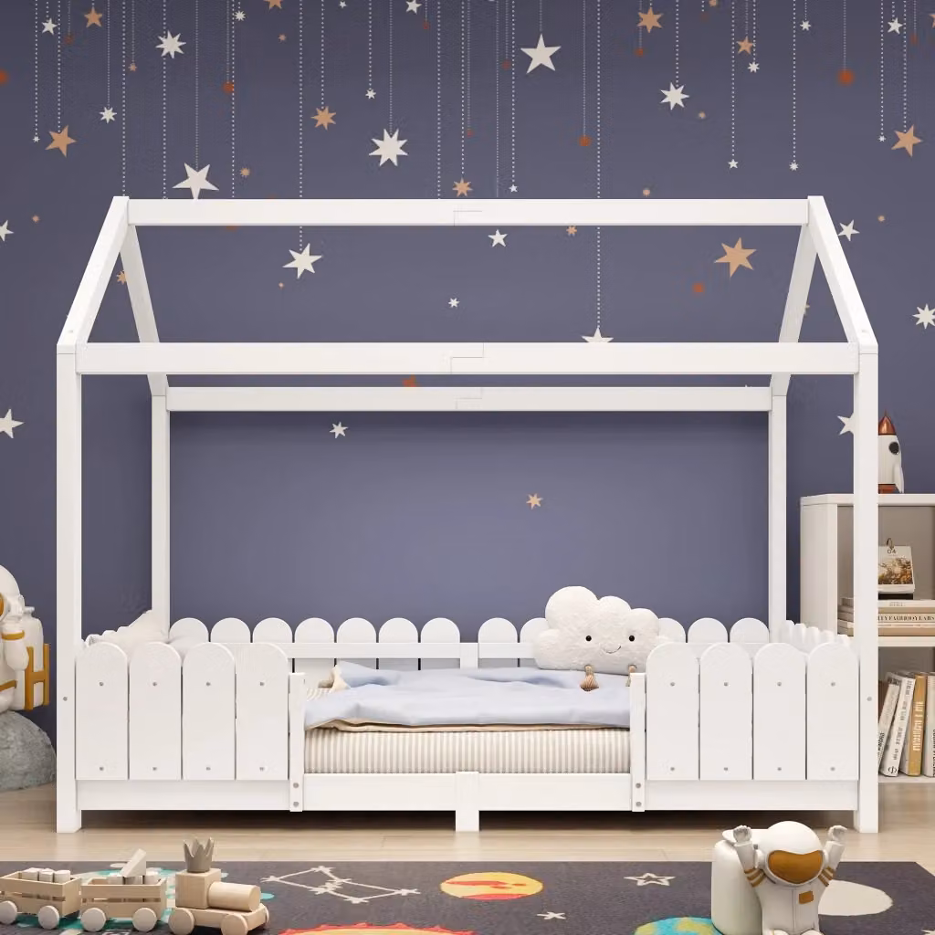 Letto a casetta per bambini in legno massiccio bianco con rete a doghe L/P/H: 200 x 90 x 120 cm – 2