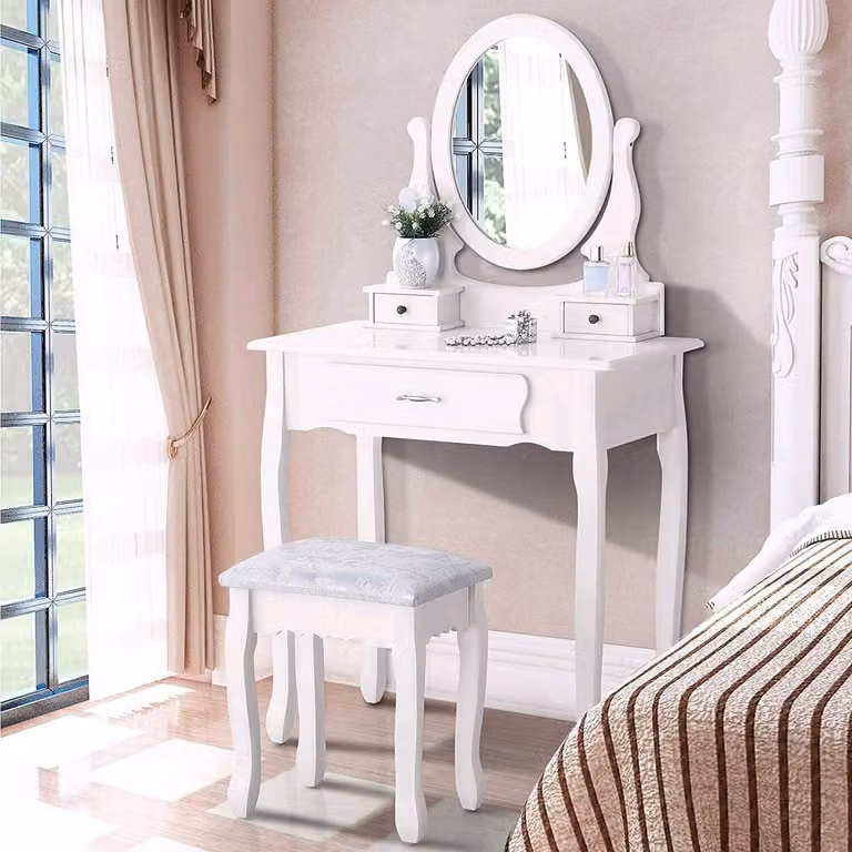 Moderna toeletta bianca con 3 cassetti, specchio ovale a 360° e sgabello coordinato per la camera da letto