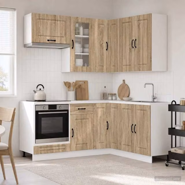 Unità Cucina Moderna KALMAR vidaXL in Rovere Sonoma, 8 Pezzi con Ante in Vetro e Ripiani Interni, Marrone