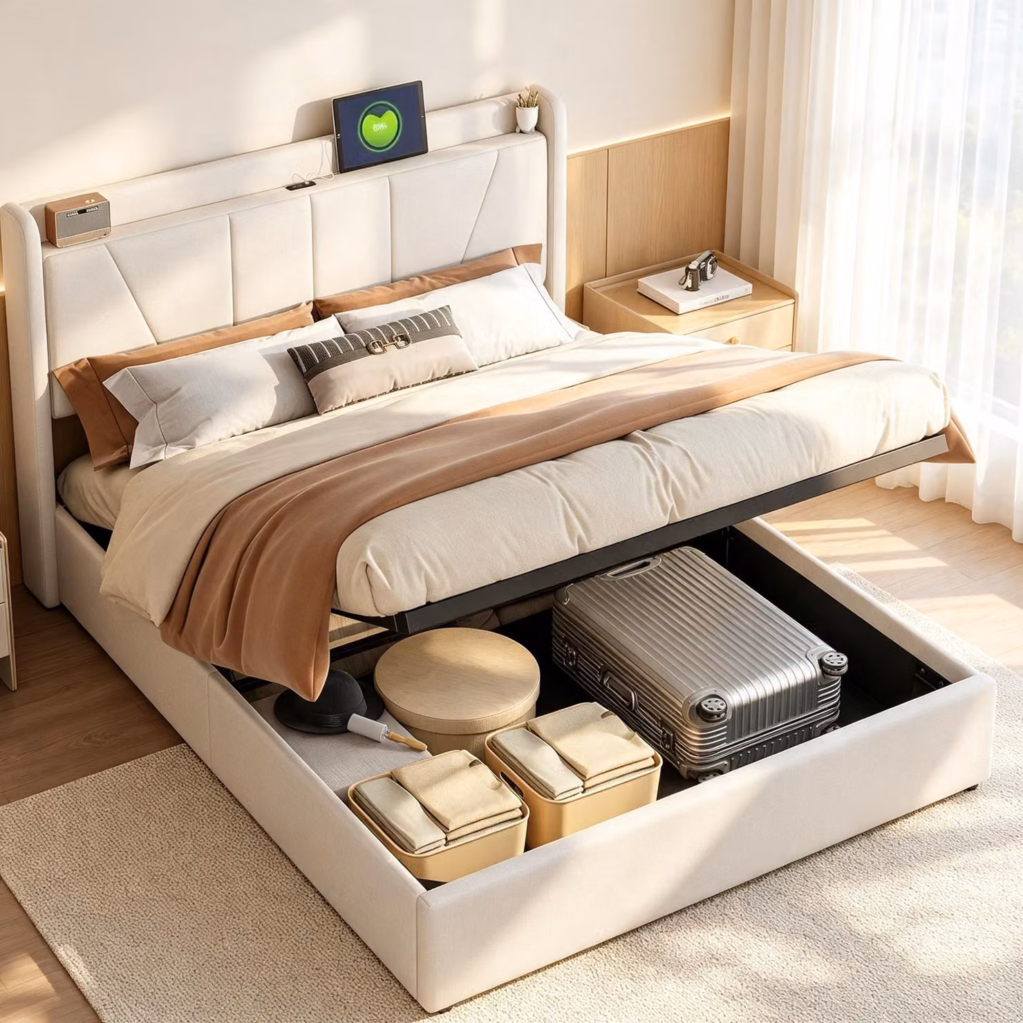 Letto con boxspring 140x200 cm con caricabatterie USB, letto con contenitore, letto imbottito con spazio contenitore, struttura del letto con rete a doghe, tessuto in lino, color beige