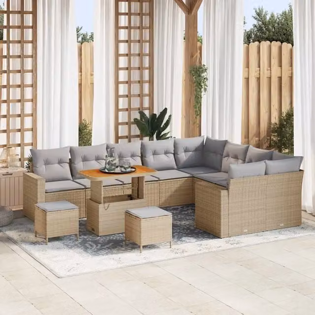 Set Divano da Giardino Moderno vidaXL a Forma a L con 10 Posti, Colore Beige e Grigio, Struttura in Acciaio Verniciato a Polvere e Cuscini Inclusi