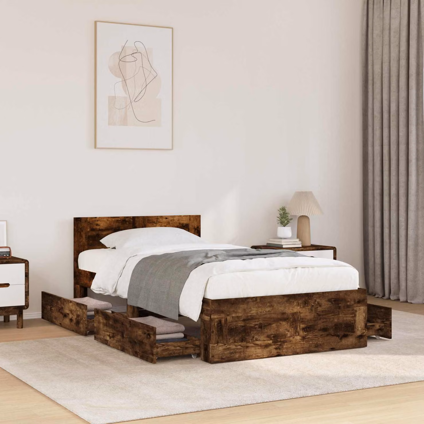 Set di 2 strutture letto vidaXL in legno ingegnerizzato color rovere fumo marrone con cassetti per camera da letto moderna