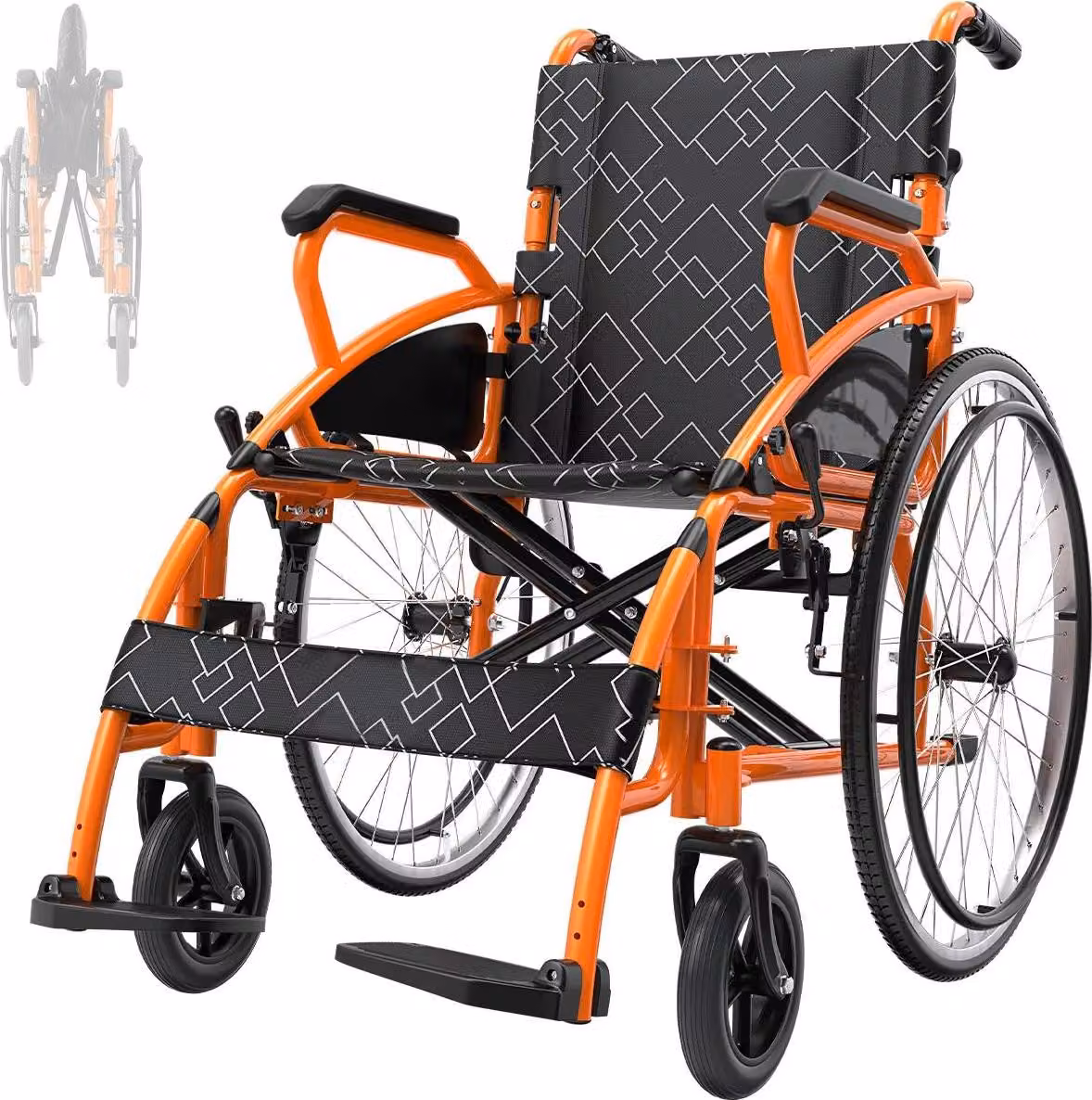 Sedia a rotelle da trasporto, design portatile, braccioli regolabili, arancione