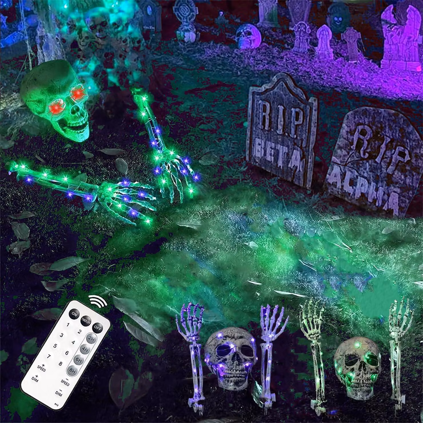 Set di decorazioni a tema Halloween con teschi e luci LED, 30 luci, lunghezza 3 metri, colore viola/verde